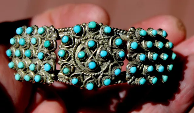 Small Old Pawn Navajo Sterling Silver & 52 Turquoise Stones Cuff Bracelet SIGNED