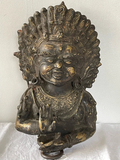 Petit Masque Asiatique Ancien – Laiton Et Pierres – Art Tribal – Décoratif