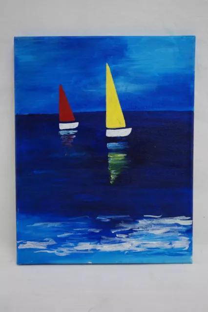 Handpainted 11 x 14 Canvas Painting of Two Sailboats at Sea Kids Room Decoration