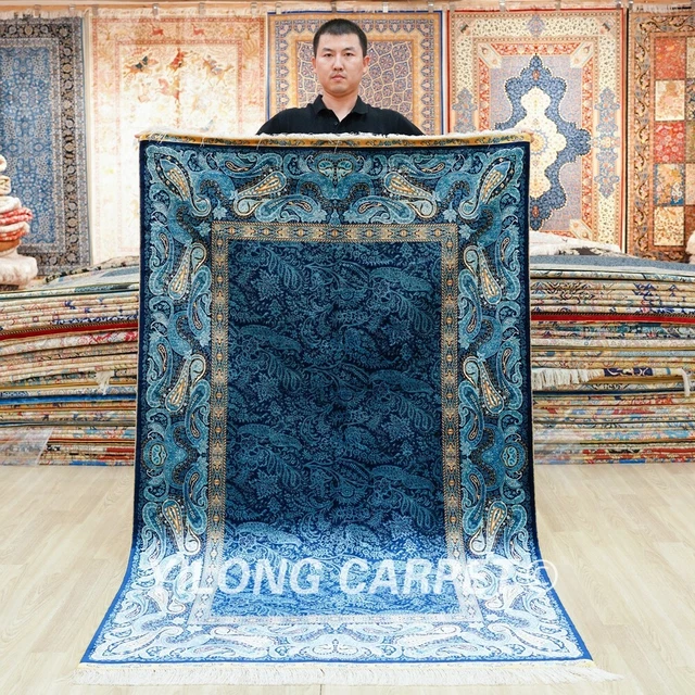 4x6ft Blue Silk All Over Turkish Area Rugs Handmade Carpets Hand knotted YWX276A