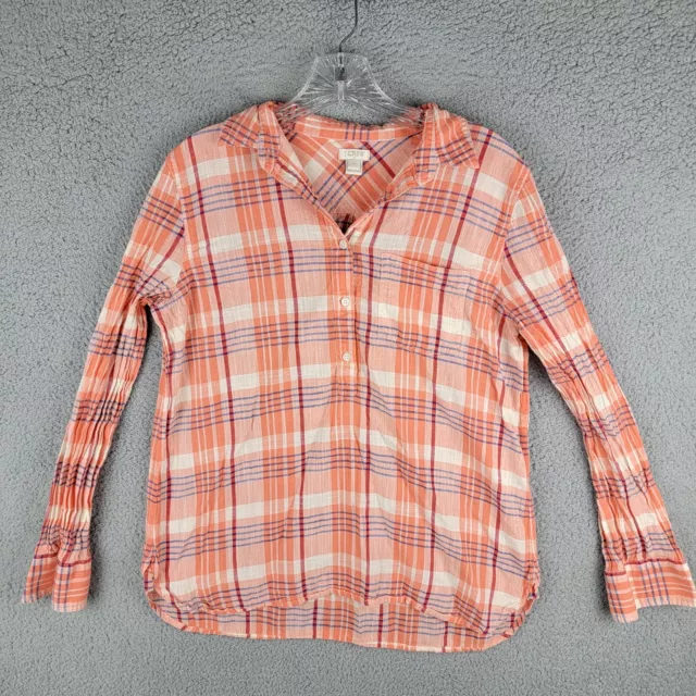 J Crew Factory Plaid Shirt Women's Size Small Gauze Popover Coral Orange C3545