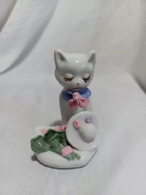 Cat Figurine Ceramic Porcelain Bowing With Hat & Flowers Kitten Pink Blue White