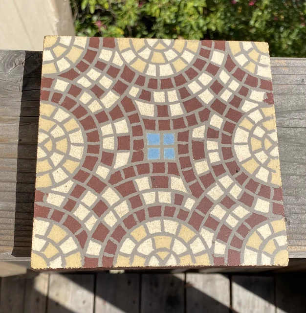 Vintage 1800s French Encaustic Pottery Tile CL France Faux Mosaic Minton Style