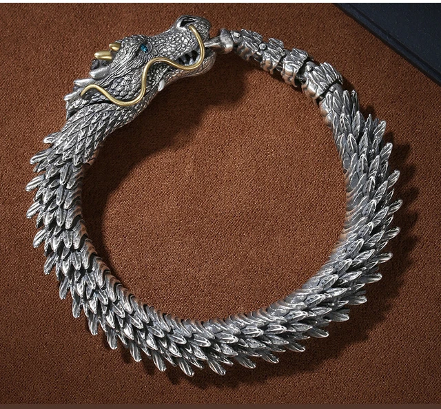 Detailed Metal 3D Handmade Fire Dragon Bracelet Mens Trendy Dragon Cuff Bracelet