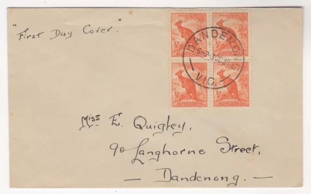 1938 Oct 3rd. First Day Cover. ½d Kangaroo, Block of 4.