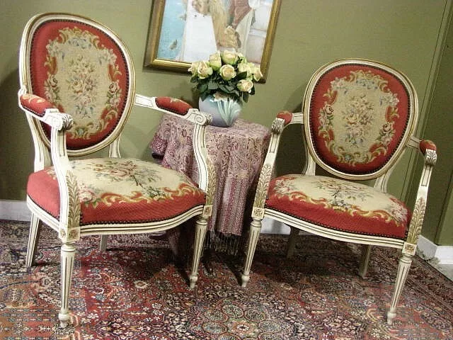 Pair French Louis Xvi Style Armchairs ~ Painted Finish, Tapestry Upholstery 2