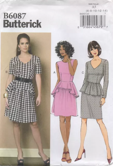 Butterick Sewing Pattern 6087 EASY Dress Fitted with Peplum Size 6 - 14 New