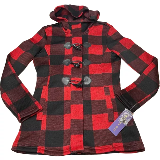 NEW Madden Girl Red Black Plaid Buffalo Check Fleece Zip Jacket Hood Size S