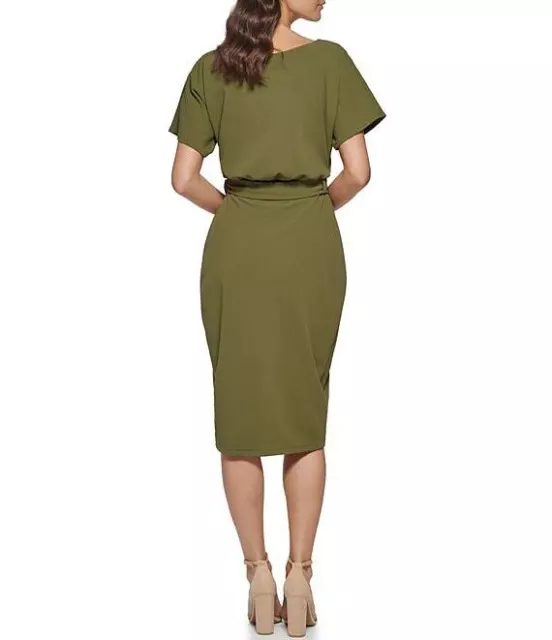 Kensie Faux Wrap Blouson Dress Size 8 Olive Green Textured Knit Belted NWT $98 2