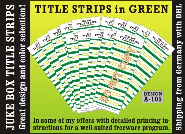 Jukebox Title Strips GREEN LABELS + TEMPLATE-PRINTING-INSTRUCTIONS (231105a)