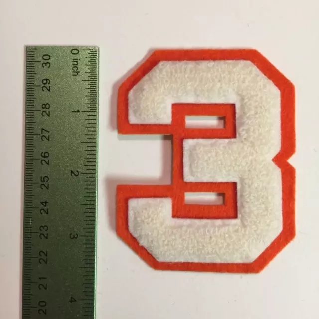 Vintage Chenille Letterman Jacket Felt Patch 3 Number 3 White Orange