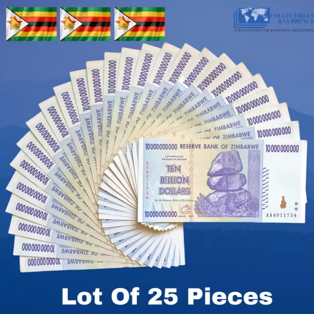 LOT 25 Pcs x 10 BILLION ZIMBABWE DOLLARS 2008, AA/AB, VF/XF [TRILLION 100]