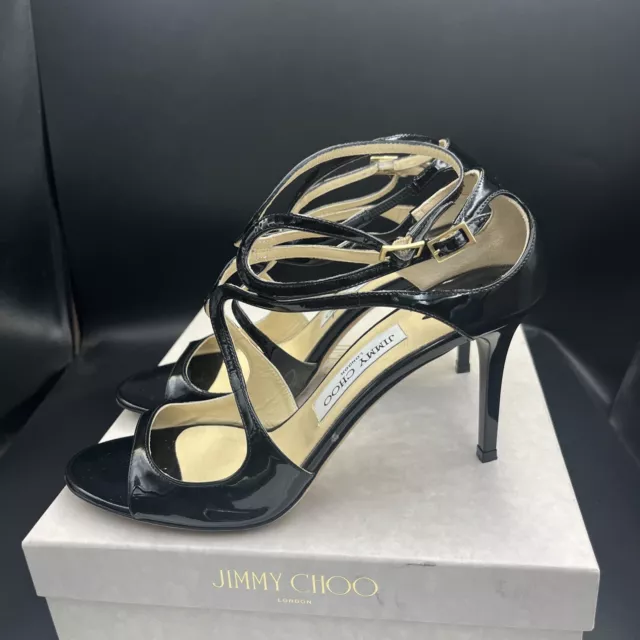 JIMMY CHOO 'ivette' Black Patent sandals Heels Strappy Size UK 6.5 Eu 39.5