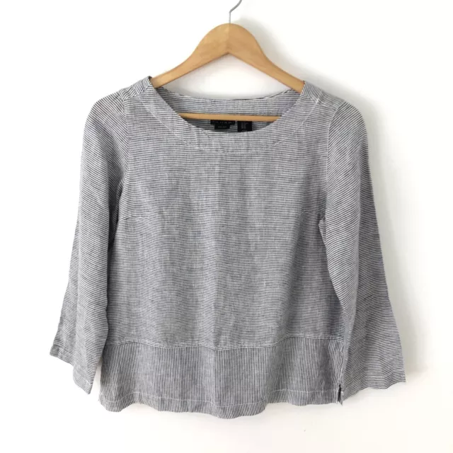 Tahari Top Woman Size XS Gray Stripe  100% Linen Lagenlook Shirt Blouse Boxy