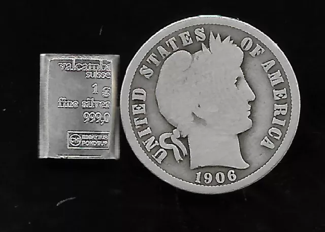 100 Year Old 1906 Silver Barber US Coin Collection Dime 99.999% VALCAMBI Bar G59
