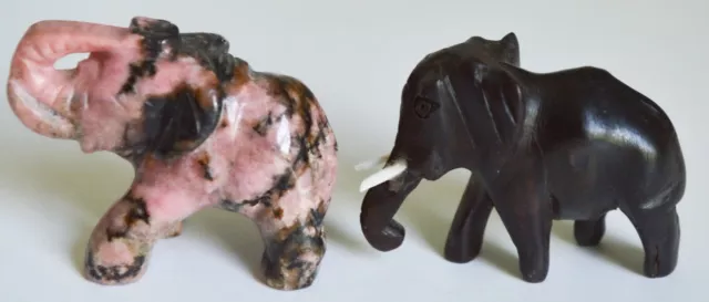 2- Vintage Pink and Black Stone and Wood Elephant Art Carvings Stunning
