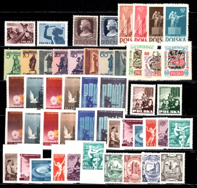 POLAND, POLEN, POLSKA Sc#664/B105, 1955 Year Group of 53 Stamps + 4 SS MNH w/OG