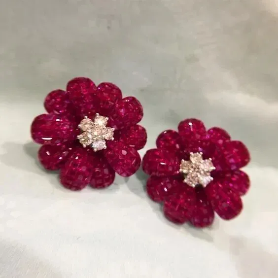 2.00Ct Round Cut Lab Created Red Ruby Flower Stud Earring 14K White Gold Plated