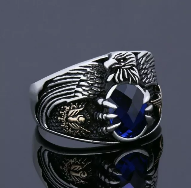 Mens Sapphire Eagle Ring Silver American Biker Signet Jewelry Custom Claw Symbol