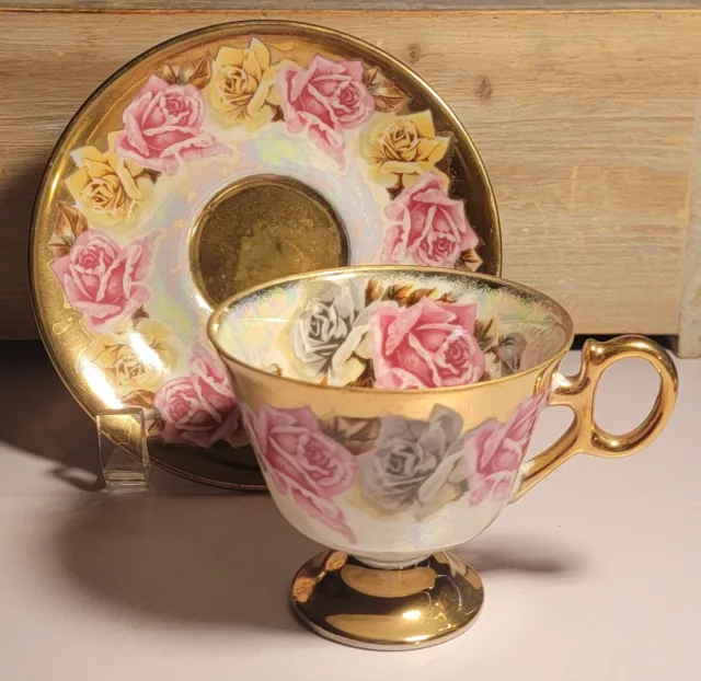 Vintage Royal Sealy Japan Lusterware Pink/Yellow Roses Tea Cup Saucer Gold Trim