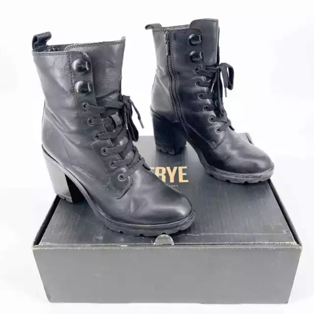 FRYE MYRA BLACK Leather Lace Up Heeled Lug Sole Ankle Combat Boot Women ...