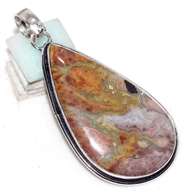 Mexican Laguna Lace 925 Silver Plated Gemstone Pendant 2.1" Ethnic Gift GW