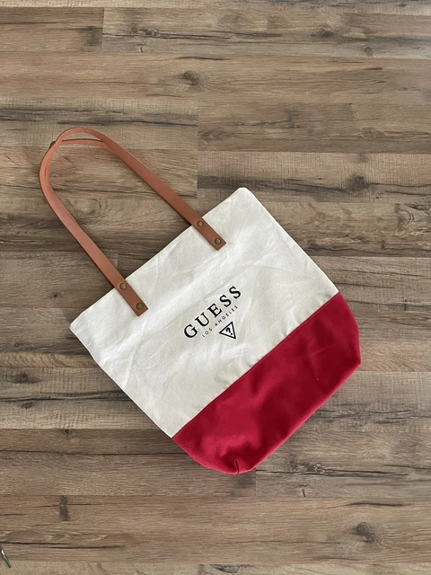 Vtg Guess Los Angeles Beige Red Canvas Tote Zip Close