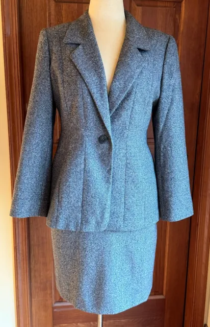 Linda Allard Ellen Tracy Gray Tweed Vintage Skirt Suit; Sz 14P jacket, 12P skirt