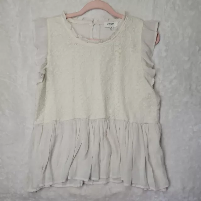 UMGEE M Woman's Ivory Sleeveless Top w/ Lace & Peplum Sheer w/ Shoulder Ruffle