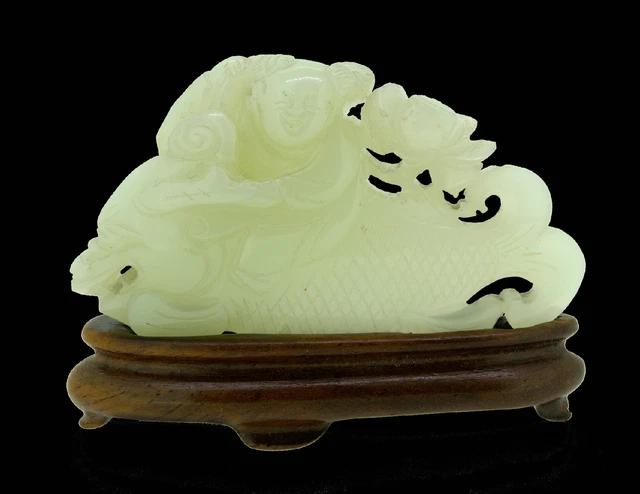 18th Century Chinese Qing Dynasty Boy Riding Dragon Carp Fish White Jade Carving