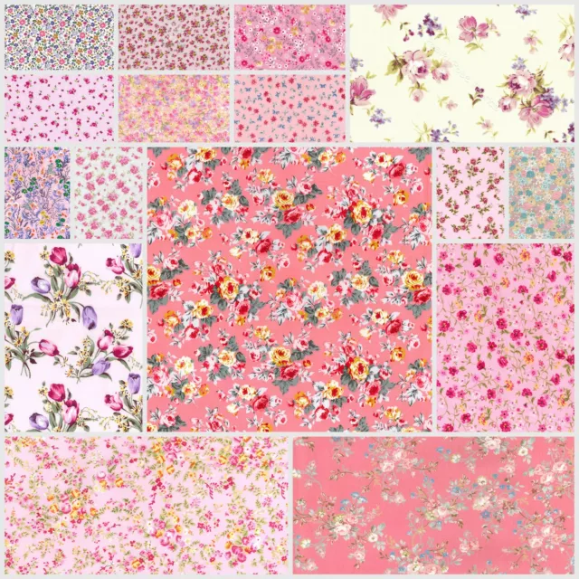 Rose & Hubble Pretty PINK Floral Fabric 100% Cotton Material - clothing craft