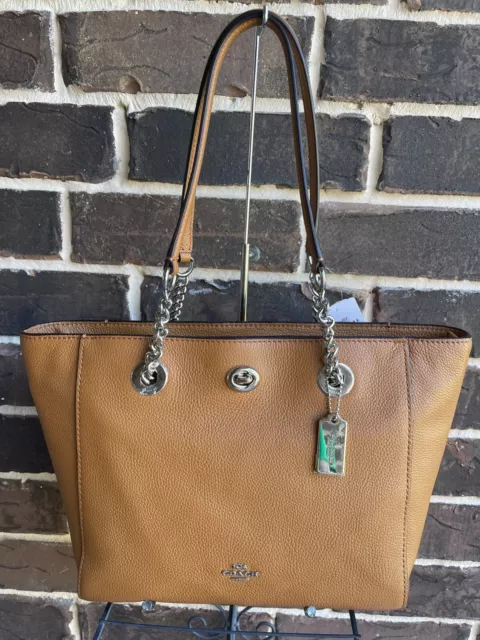 Coach Pebbled Turnlock Chain Tote Leather Medium Shoulder Bag $295