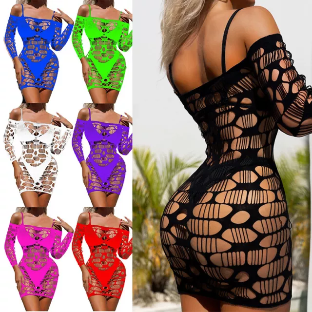 US Womens Hip Wrap Mini Dress Mesh Fishnet Lingerie Off-Shoulder Sexy Dress