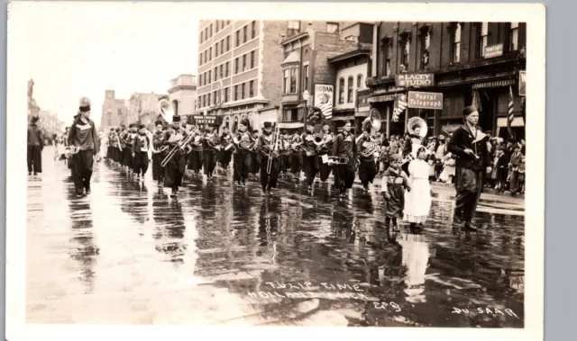HOLLAND MI TULIP FEST MARCHING BAND real photo postcard rppc michigan antique
