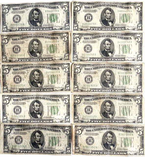 Vintage 1934 Lot Of 10 Circulated $5.00 Green Seal Ny Federal Reserve Banknotes