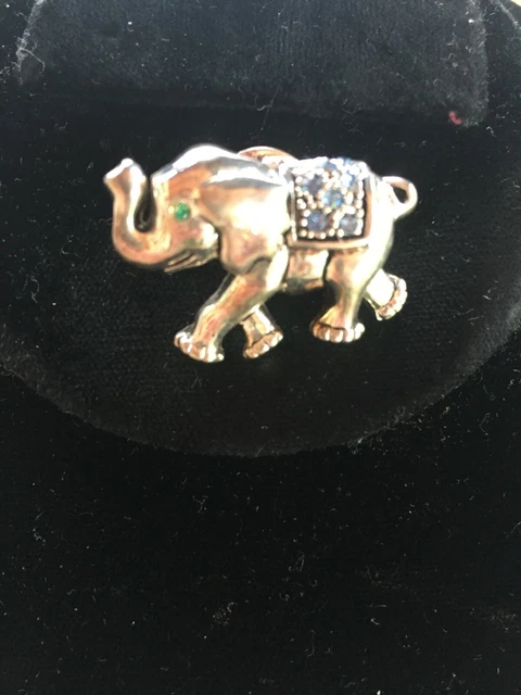 Antique Silver Tone Blue & Green Rhinestone Elephant Lapel Pin