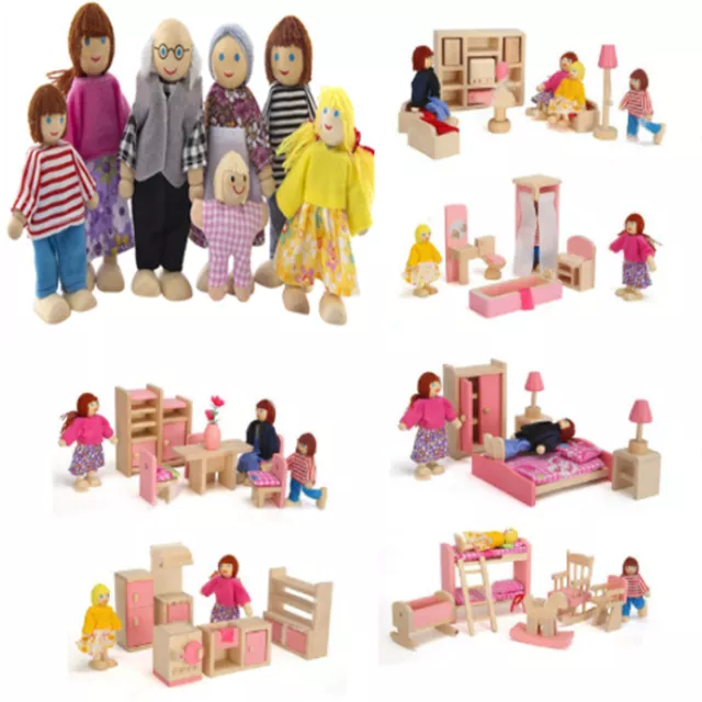 UK Doll House Furniture Wooden Set People Family Dolls Toy For Kid Children Gift