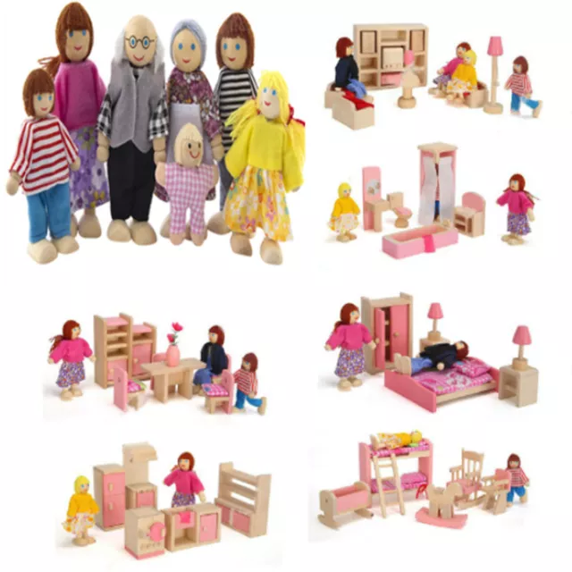 Wooden Doll House Furniture Sets Bathroom Bedroom Living Room Children Gift Toy 3