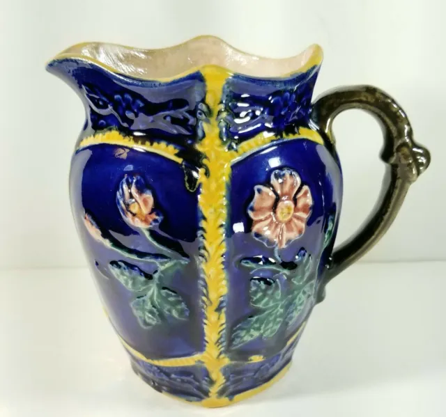 Antique Late 1800s Victorian Wild Rose on Cobalt Majolica Pitcher 6 3/8" Tall VG