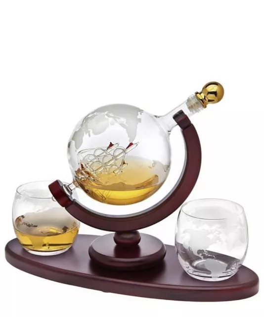 Whiskey Decanter Globe Set with 2 Etched Whiskey Glasses Royal Reserve NEW Box