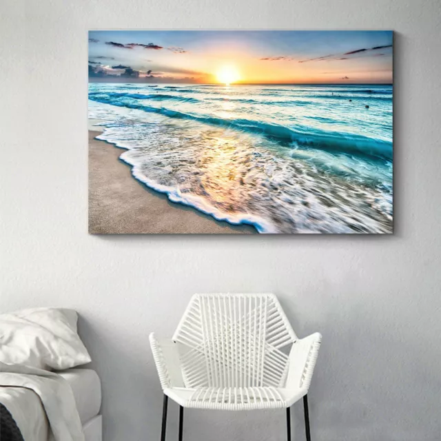 Framed Beach sea canvas beach to the ocean print art reflected sun rise down