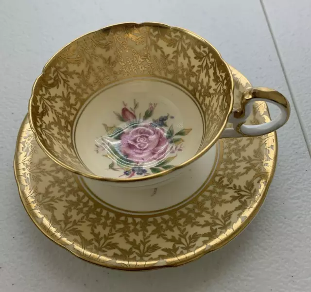 Vintage Aynsley Pink Cabbage Rose tea cup & saucer -gold filigree, scalloped rim
