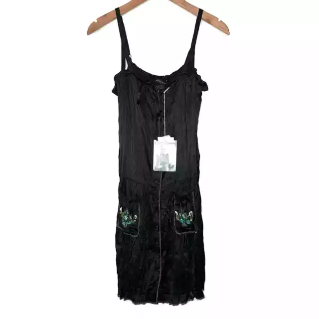 NWT Vintage 90s Betsey Johnson Crinkle Silk Embroidered Slip Dress