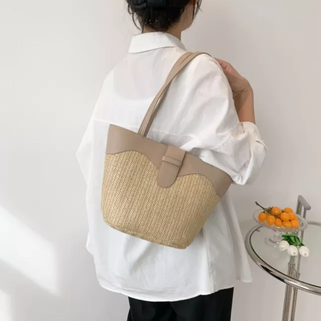 Women Straw Small Bucket Bag Summer Leather Shoulder Bag New Trendy Handbag