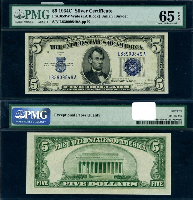 FR. 1653 W $5 1934-C Silver Certificate L-A Block Gem PMG CU65 EPQ