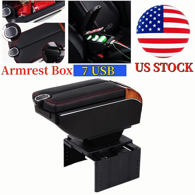 US PU Black 7USB Charge Car Dual Opening Armrest Box Central Console Cup Holders