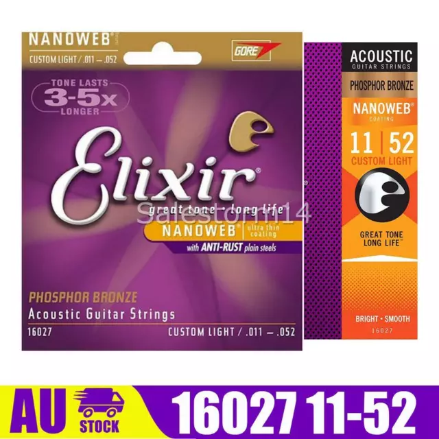 Elixir 16027 Acoustic Guitar Strings Nanoweb Custom Light 11-52 Phosphor Bronze