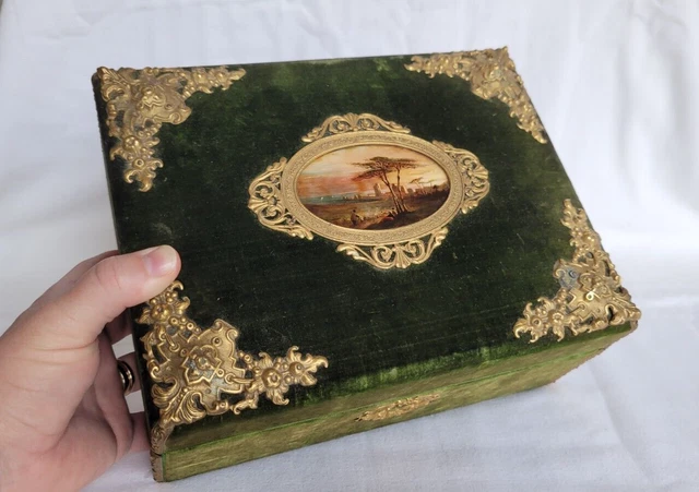 ANCIENNE BOITE ECRIN COFFRET PEINTURE MINIATURE SOUS VERRE VELOUR VERT