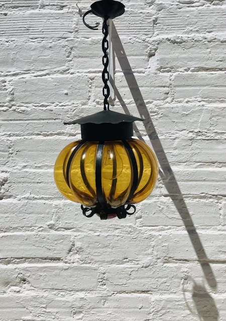 Antique Hand Blown Venetian Glass & Black Wrought Iron Light Lantern Gothic