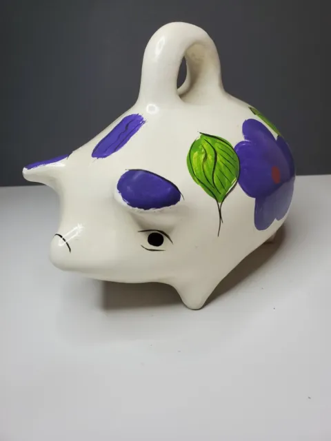 Vintage Piggy Bank Hand Painted Floral Ceramic Bank Mexican Mexico Purple White